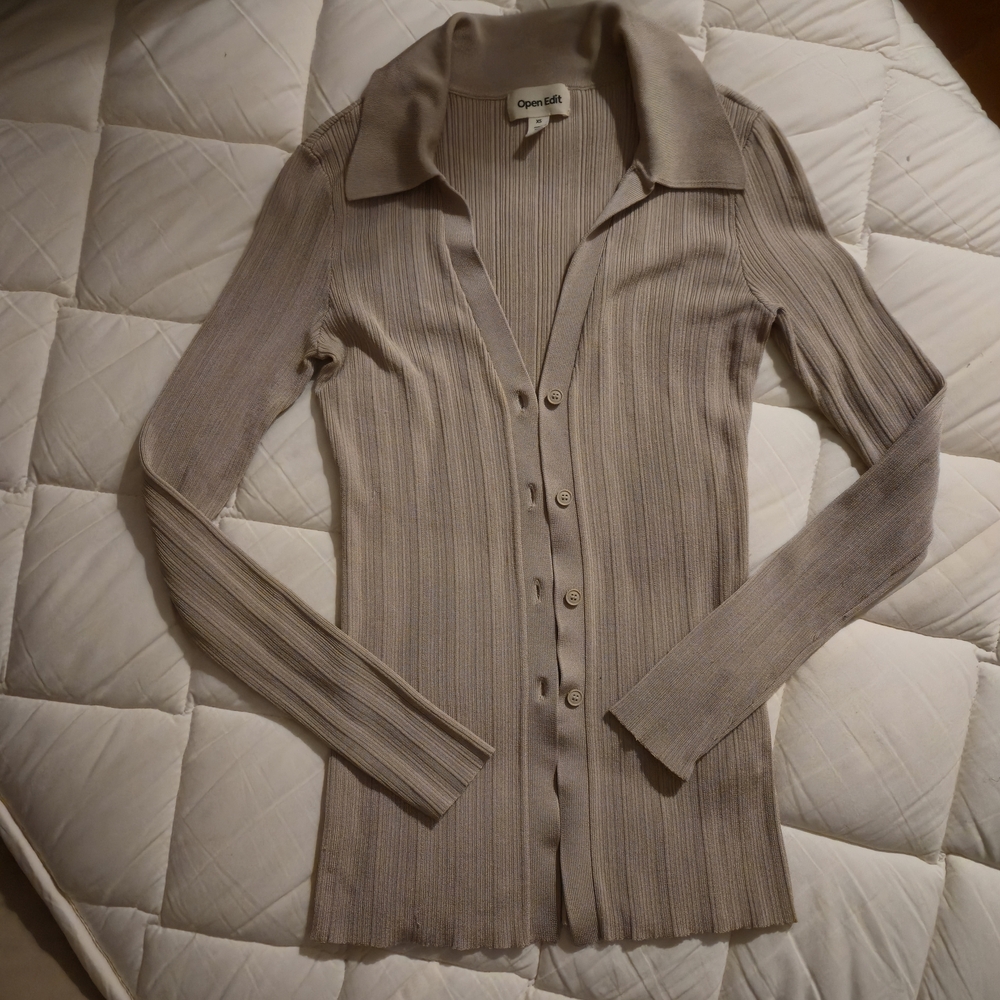 OPEN EDIT Collared Ribbed Button Cardigan - Picture 5 of 7
